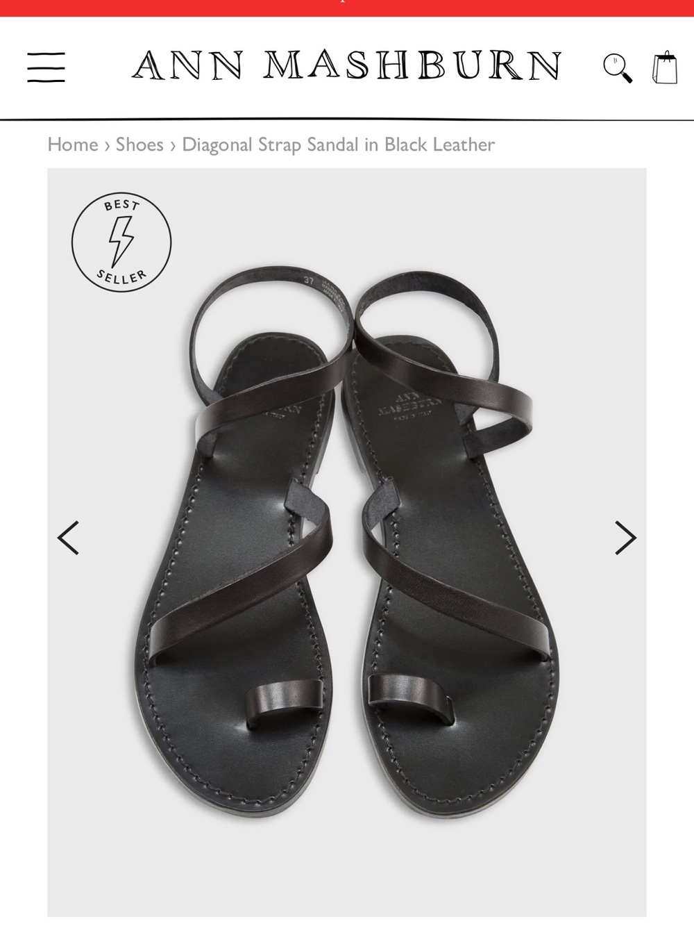 ANN MASHBURN Black Diagonal Strap Leather Sandal